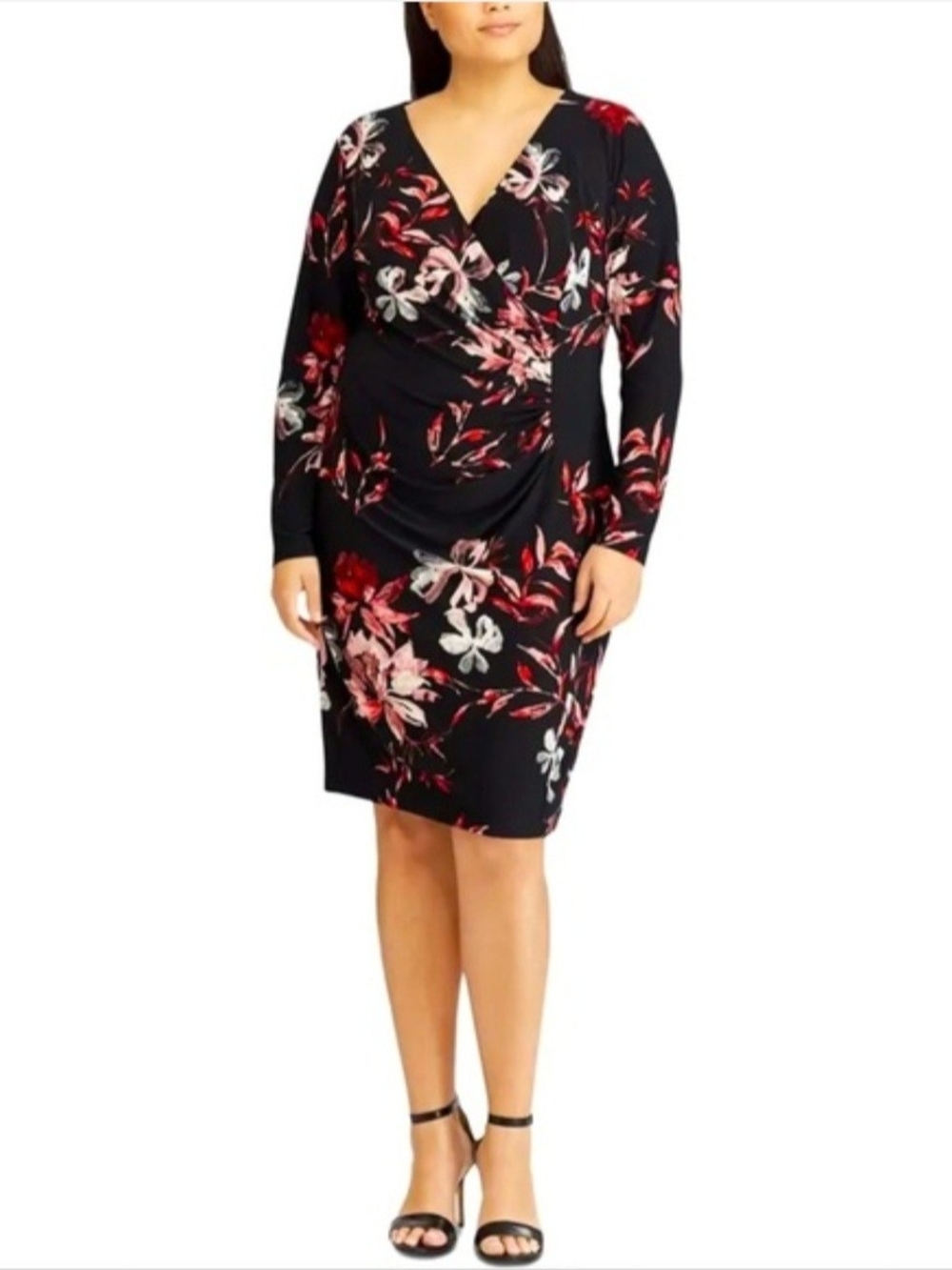 American Living Hendrick Black Floral Ruched Long Sleeve Sheath Dress